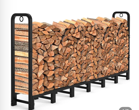Garvee 8' Outdoor Firewood Rack, 660 lb Powder-Coated Galvanized Metal Log Holder with Lock Rings, Matte Black