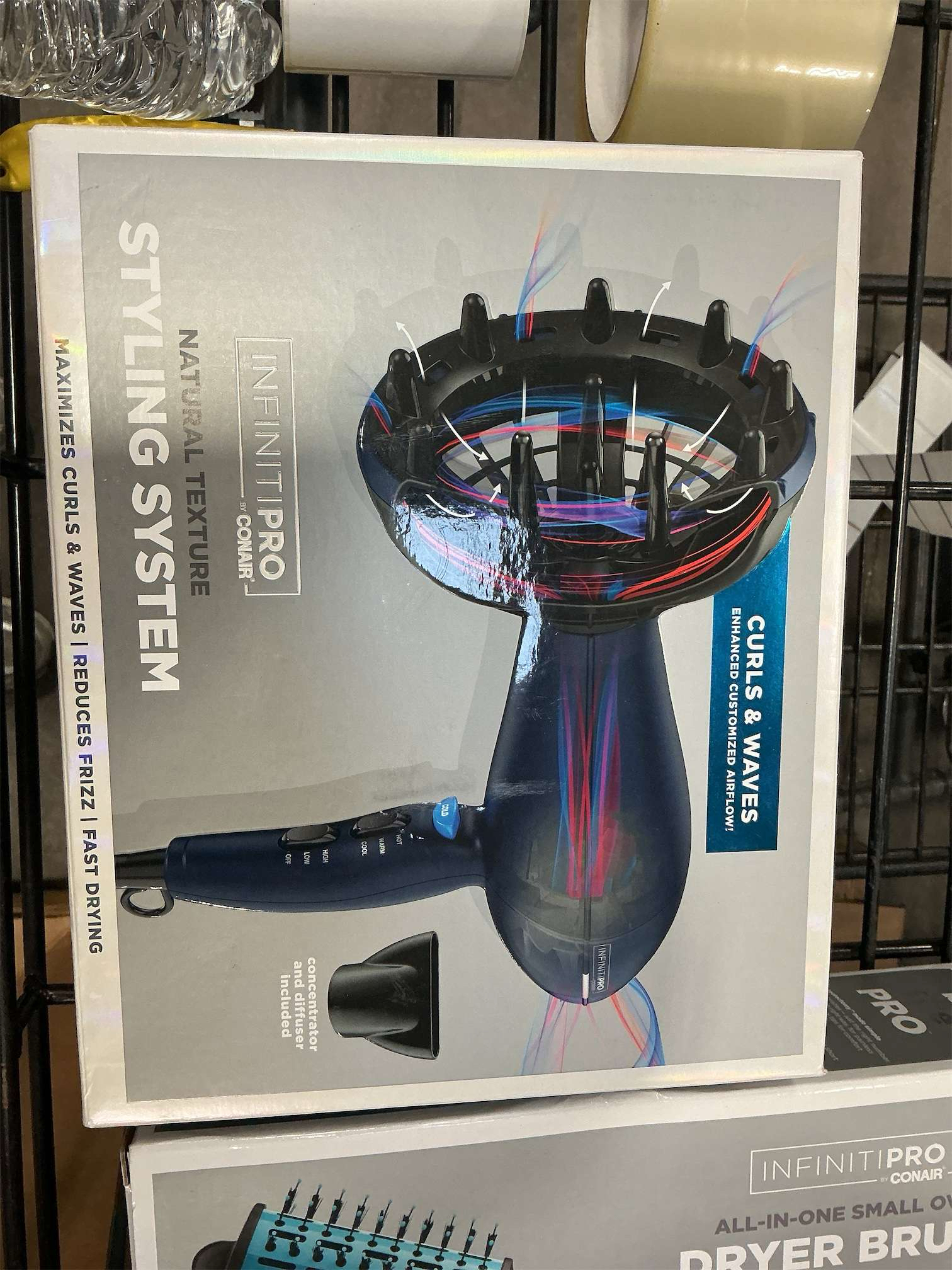 INFINITI PRO CONAIR Hair Dryer with Innovative Diffuser, Enhances Curls and Waves While Reducing Frizz, Dark Blue