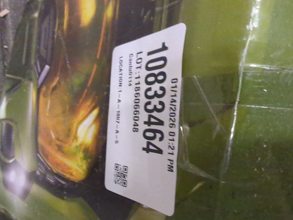 Master Chief Deluxe Helmet with Stand- Helmet with LED Lights on Each Side - Battle Damaged Paint - No SFX - One-Size-Fits-Most