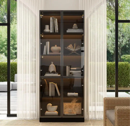 Black Wood Display Cabinet With Pop-up Tempered Glass Doors
