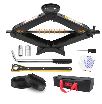 3-Ton Scissor Jack Kit with Rubber Jack Pads, Car Spare Tire Repair Tool Kit with Scissor Jack, Tire Changing Tools with Telescoping Lug Wrench (17/19/21/23mm)