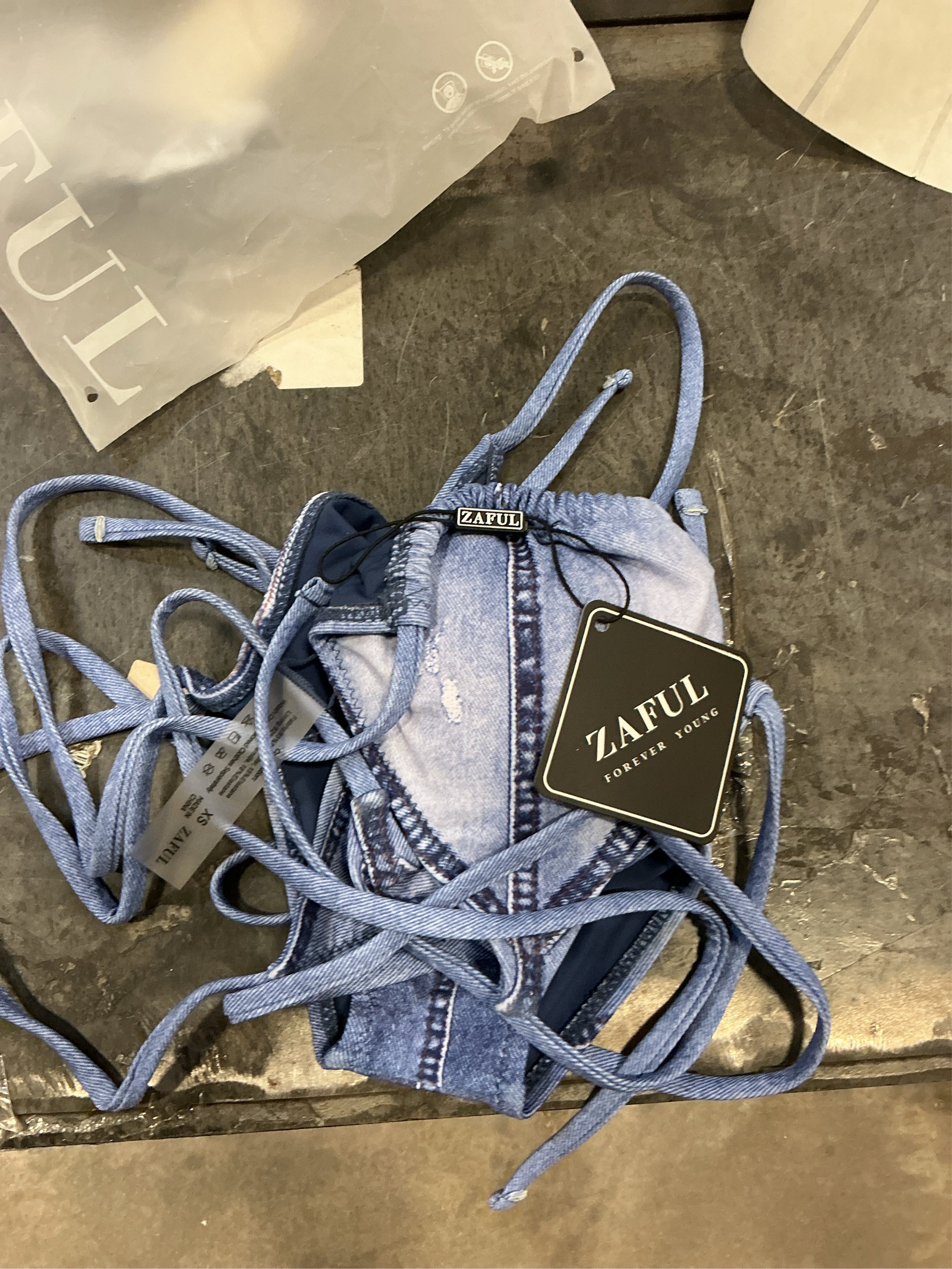 EXTRA SMALL ZAFUL Bikini Sets for Women Denim Print Halter Neck Two Piece Swimsuits Sexy Open Back Triangle High Cut Thong Bathing Suit