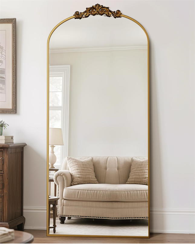 Arched Full Length Mirror, 58x18 Floor Mirror Freestanding with Carved Metal Frame & Bottom Art Carved, Full Body Mirror for HomeDecor, Standing/Halling Large Wall Mirror for Bedroom, Gold