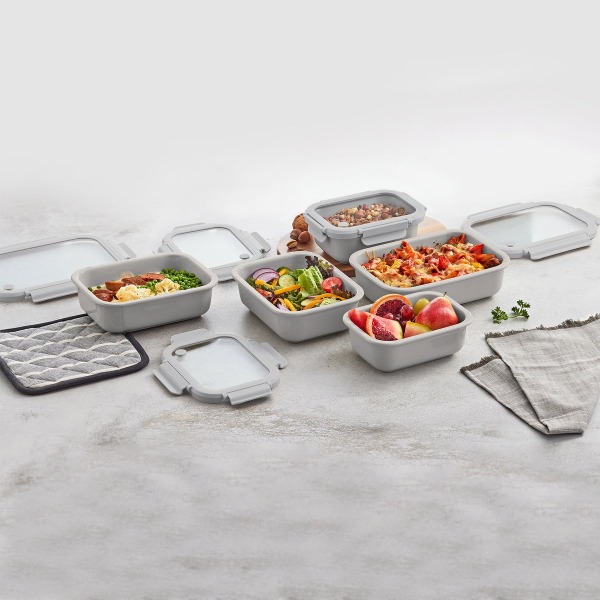 Safdie Ceramic Food Storage Set, 5 Containers with Glass Lids, Leak-Free Kitchen Containers (GRAY) MISSING PIECES