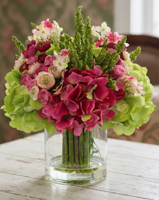 Hydrangea, Ranunculus, and Cherry Blossom Floral Arrangement in Vase