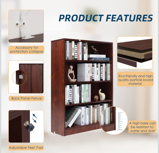 Farini Cherry Bookshelf for Bedroom 4 Shelf Office Bookcase 48 Inches Tall Modern Wood Bookshelf for Living Room 4 Tier Wide Manga Bookshelf Library Bookcase
