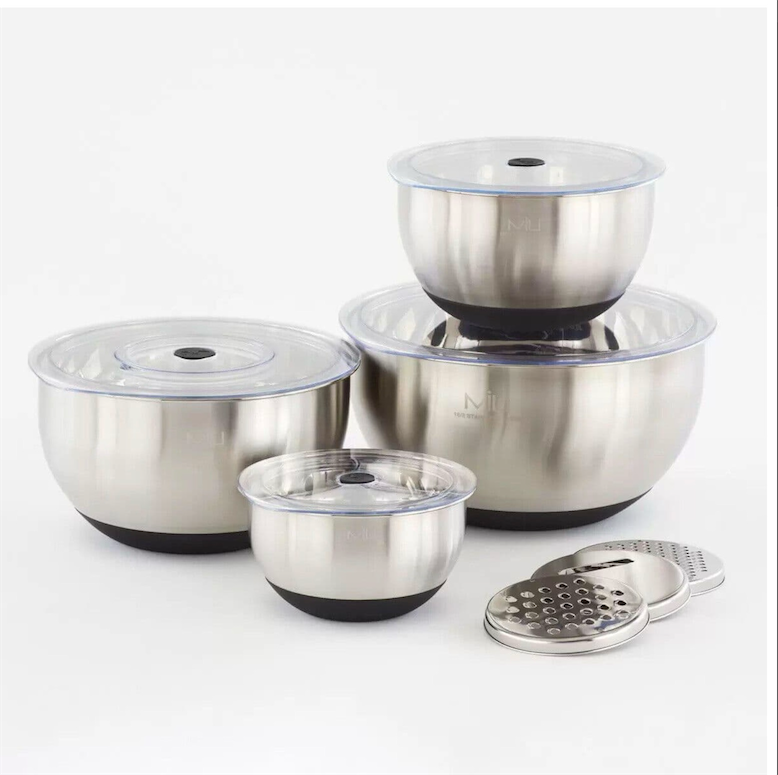 MIU Stainless Steel Mixing Bowls 8 Piece Set with Graters & Lids. NEW.