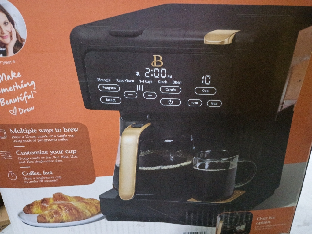 Beauti Multi Brew 12 Cup Programmable Drip & Single Serve Coffee Maker, Versatile Brewing (6oz, 8oz, 10oz, 12oz, 14oz), Pods or Ground, Over Ice option, Keep Warm mode (Black) ( little damage)