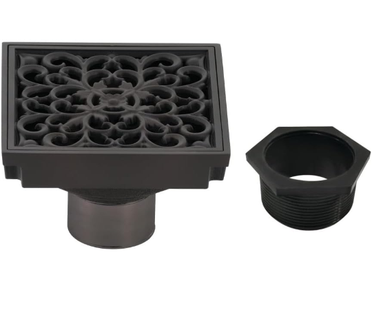 Kingston Brass Watercourse Scroll 4-Inch Brass Square Grid Shower Drain with Hair Strainer in Black