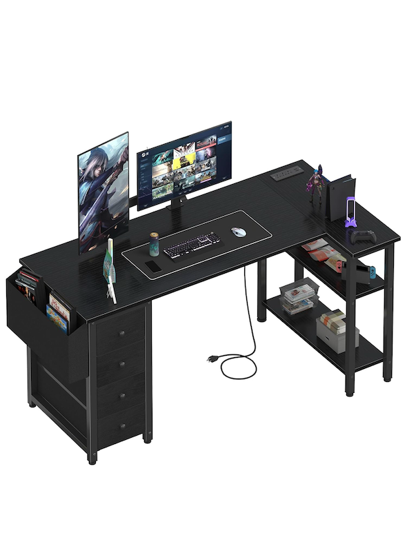 Lufeiya black L Shaped Desk with Drawers & Storage Shelves, 55 Inch Corner Computer Desk with Power Outlet for Home Office Bedroom, L-Shaped Teen PC Desks with Fabric Drawer, black