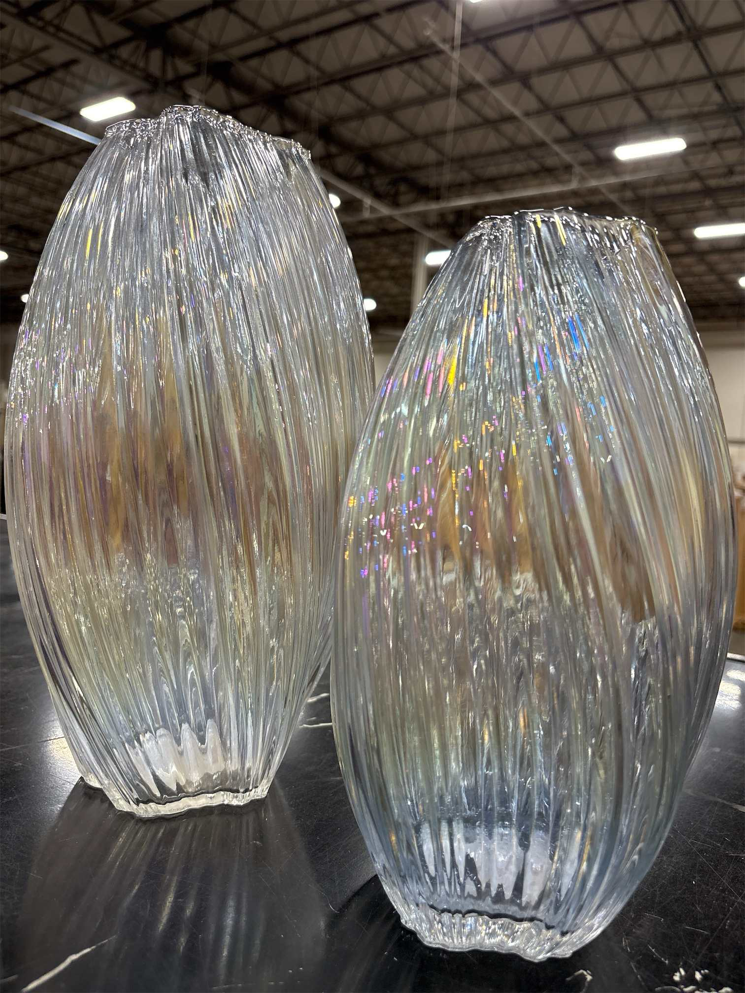 Set of two Large  and medium Colored Glass Vase for Home Decor Ribbed Tall Gold Floor Vase Decorative Vases for Table Centerpieces Flowers Decor and Farmhouse