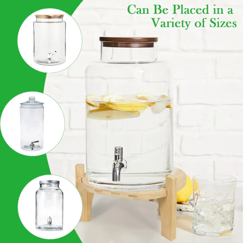 Large glass drink dispenser with wooden lid does not come with wooden stand