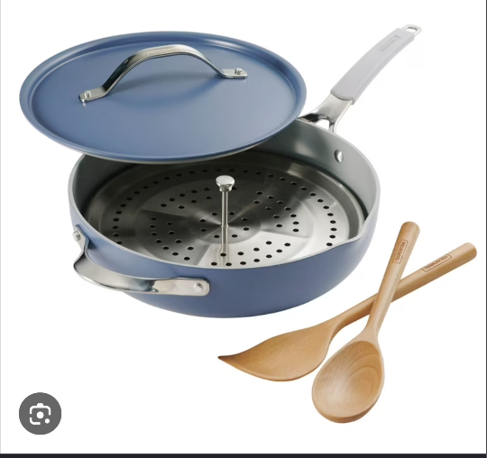 Tramontina All-in-One Plus Pan Quart Ceramic Non Stick Cooking Pan with Lid, Steamer Insert, Bamboo Utensil Blue