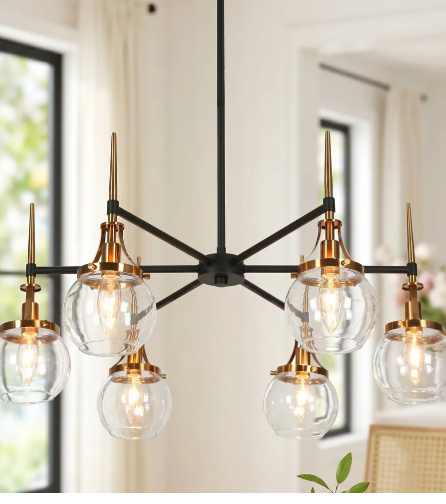 Modern 6-Light Black Gold Glass Wheel Chandelier for Dining Living Room
