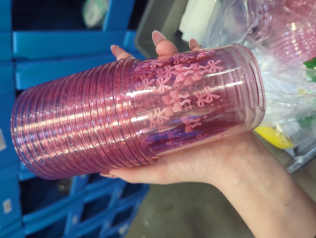 60 Pcs 12 oz Plastic Stemless Wine Glasses Party Disposable Clear Cups for Birthday Baby Shower(Pink Bow Style)