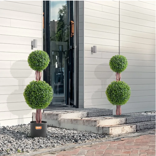 VEVOR Artificial Boxwood Topiary Tree, 36 inch Tall (2 Pieces), Double Ball Faux Topiary Trees, Faux Plant w/ Extra Leaves & Pot & Small Decoration, UV Rated Set for Home Decor Indoor/Outdoor