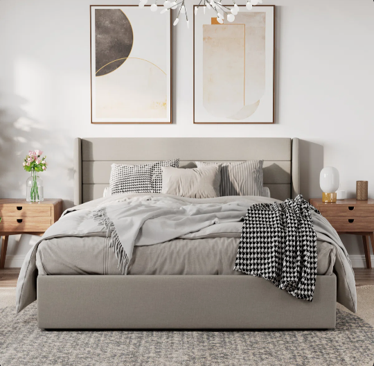 Braya Hydraulic Lift Up Storage Upholstered Platform Bed Light Gray