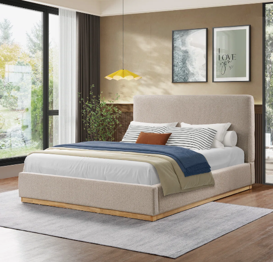 Aspen Wood Base Full Upholstered Beige Boucle Platform Bed (2 BOXES)