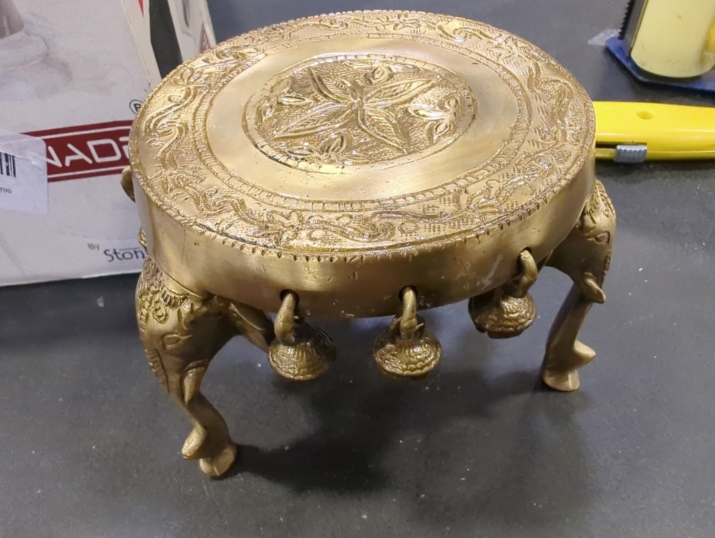 eSplanade Brass Round Mandir Chowki | Elephant Pillars Pooja God Stool with Ghungroo