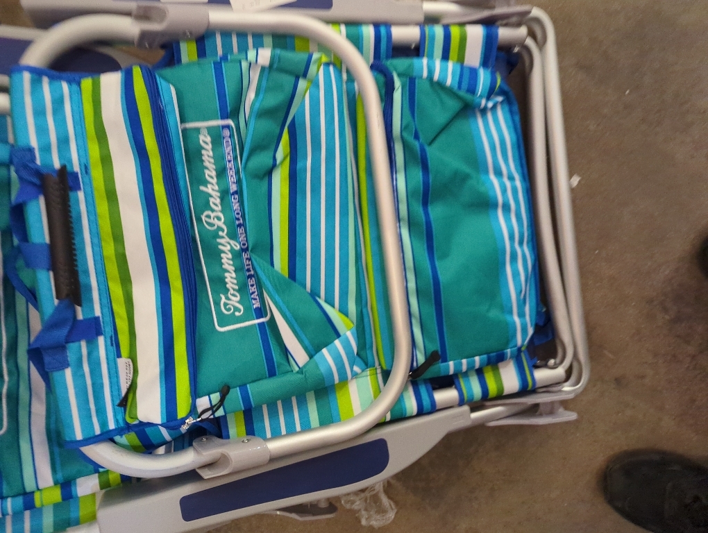Tommy Bahama 5 Position Beach Chair, Zippered Insulated Cargo Pouch, Cup and Cell Phone Holders, Towel Bar, Pillow for Extra Comfort, Heavy-Duty Weight Capacity, 2-Pack (Aqua Stripes)