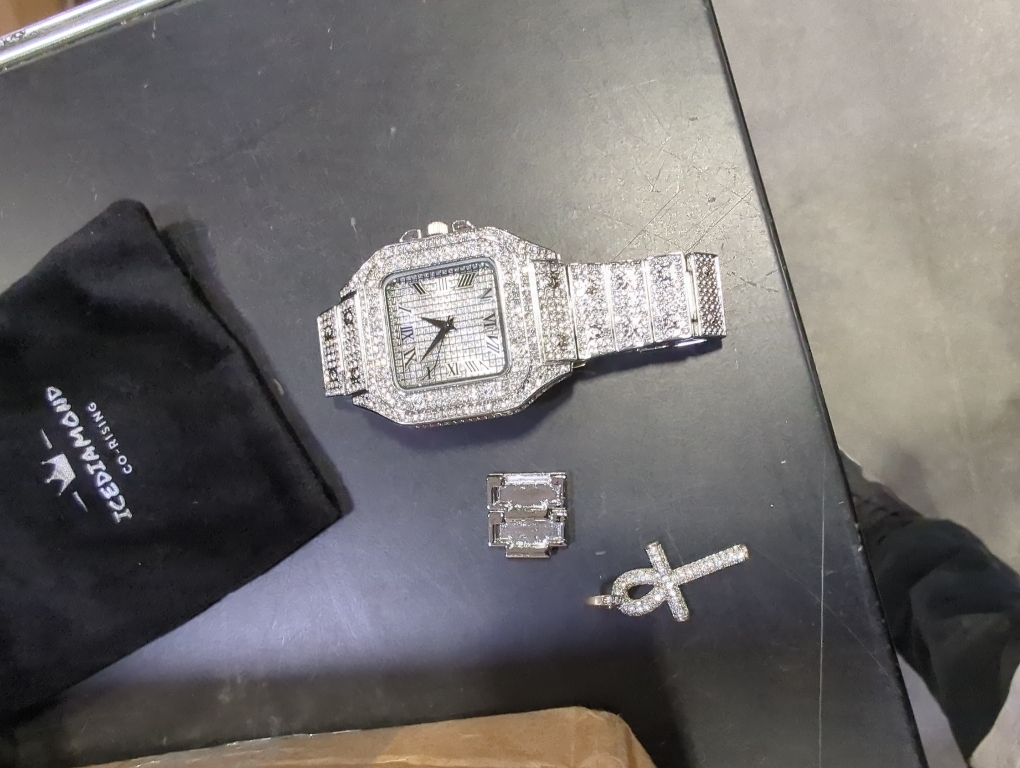 Halukakah Men’s Watch - The King - 18K Gold/Platinum Plated, 40MM Square Dial, Iced Out Wristband, with Cuban Link Chain Necklace and Bracelet Set Optional, Comes in Giftbox