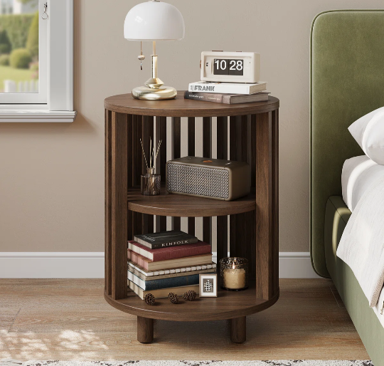 Yeva Mid Century Walnut Modern Nightstand, Round Bedside Table With Open Shelf