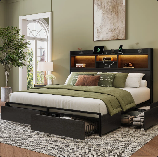 Queen Bed With 6 Storage Drawers & Headboard, Platform Bed With Led Lights & Charging Station, Black