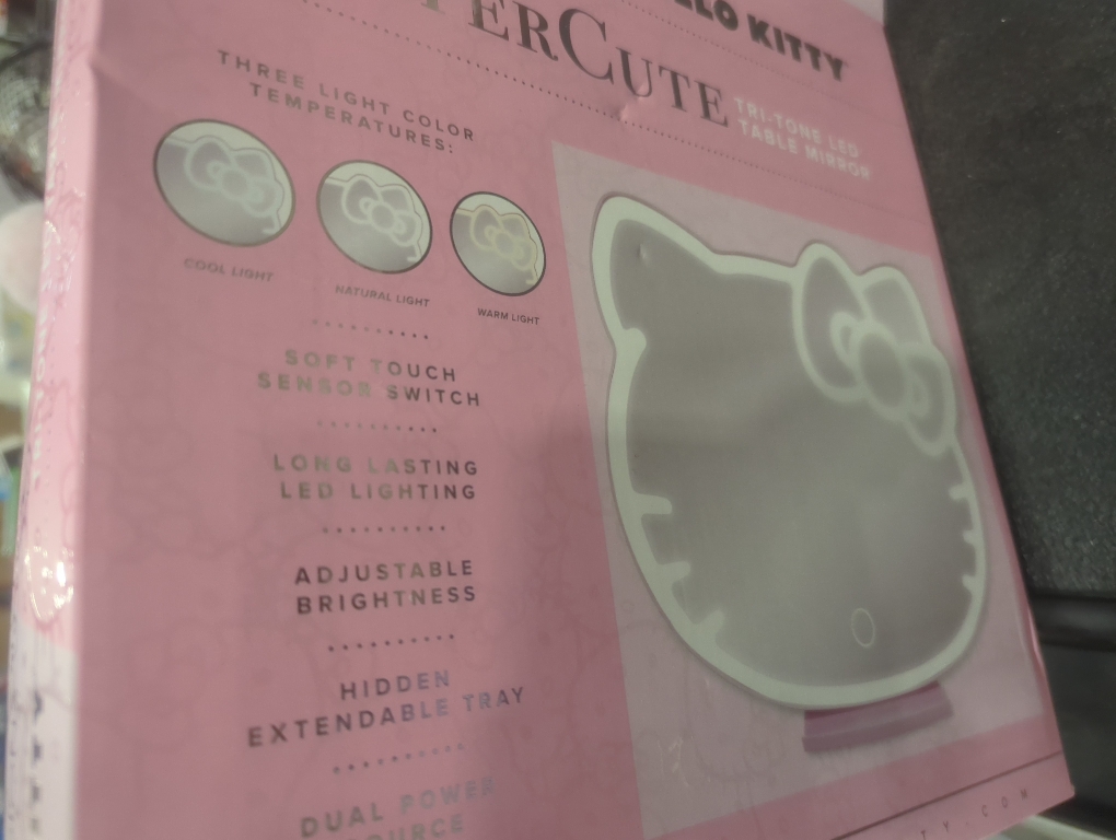 Impressions Vanity Supercute Hello Kitty Tabletop Desk Mirror with Lights and Touch Sensor Switch, Adjustable Tri Tone LED Lighted Makeup Mirror with Hidden Extendable Tray and Phone Holder