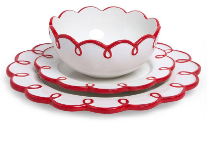 Sango 12-Piece Earthenware Dinnerware Set for 4, Glossy White Plates and Bowls Sets with Red Scalloped Rims,