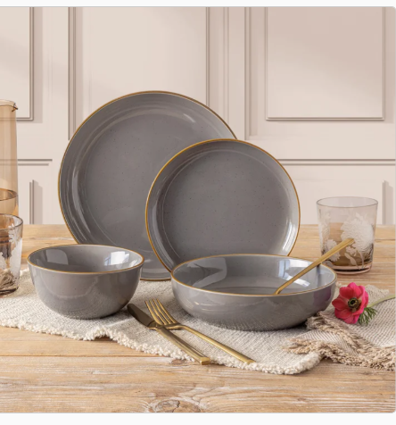 Over&Back Options 16-Piece Dinnerware Set of Plates & Bowls - Speckled Grey