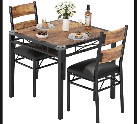 Garvee Dining Table Set for 2 with Upholstered Chairs, Compact Bistro Table, Brown and Black