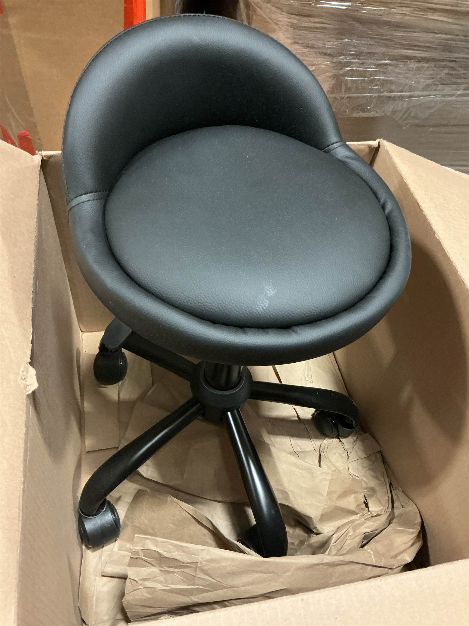 KKTONER Rolling Stool with BackRest Height Adjustable Round Chair with Wheels Swivel Drafting Work PU Leather stools Small (Black)