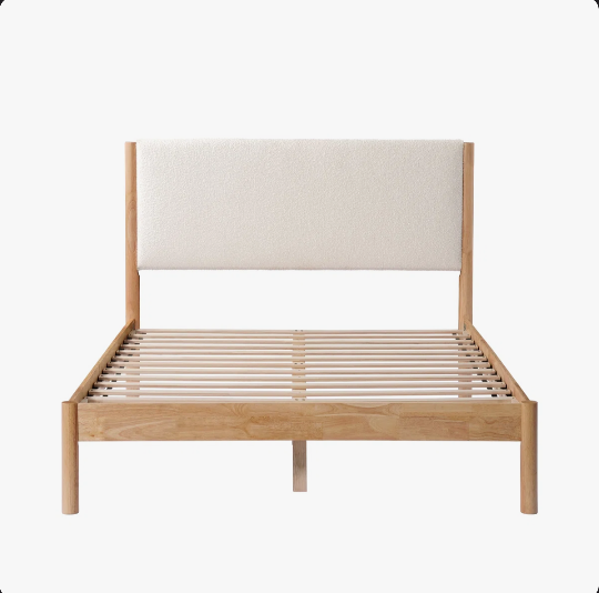 Ardin Solid Wood Queen Bed Frame With Cream Boucle Upholstered Headboard