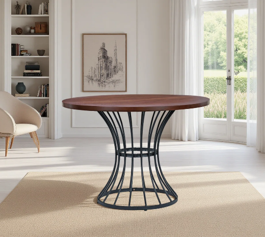 Round Dining Table – Brown Top, Black Pedestal Base