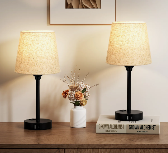 Minimal Table Lamp Set AC Outlet and USB A&C Ports (Set of 2)