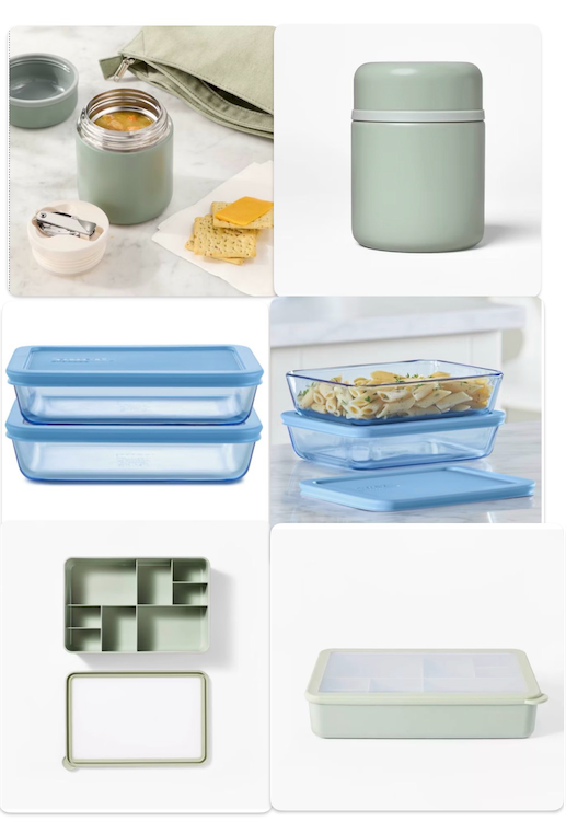 Pyrex® Simply Store® Tint 4pc & 13.5oz Double Walled Stainless Steel Vacuum Food Jar with Spoon Green & 8 Compartment Large Plastic Snack Bento Box Sage beige