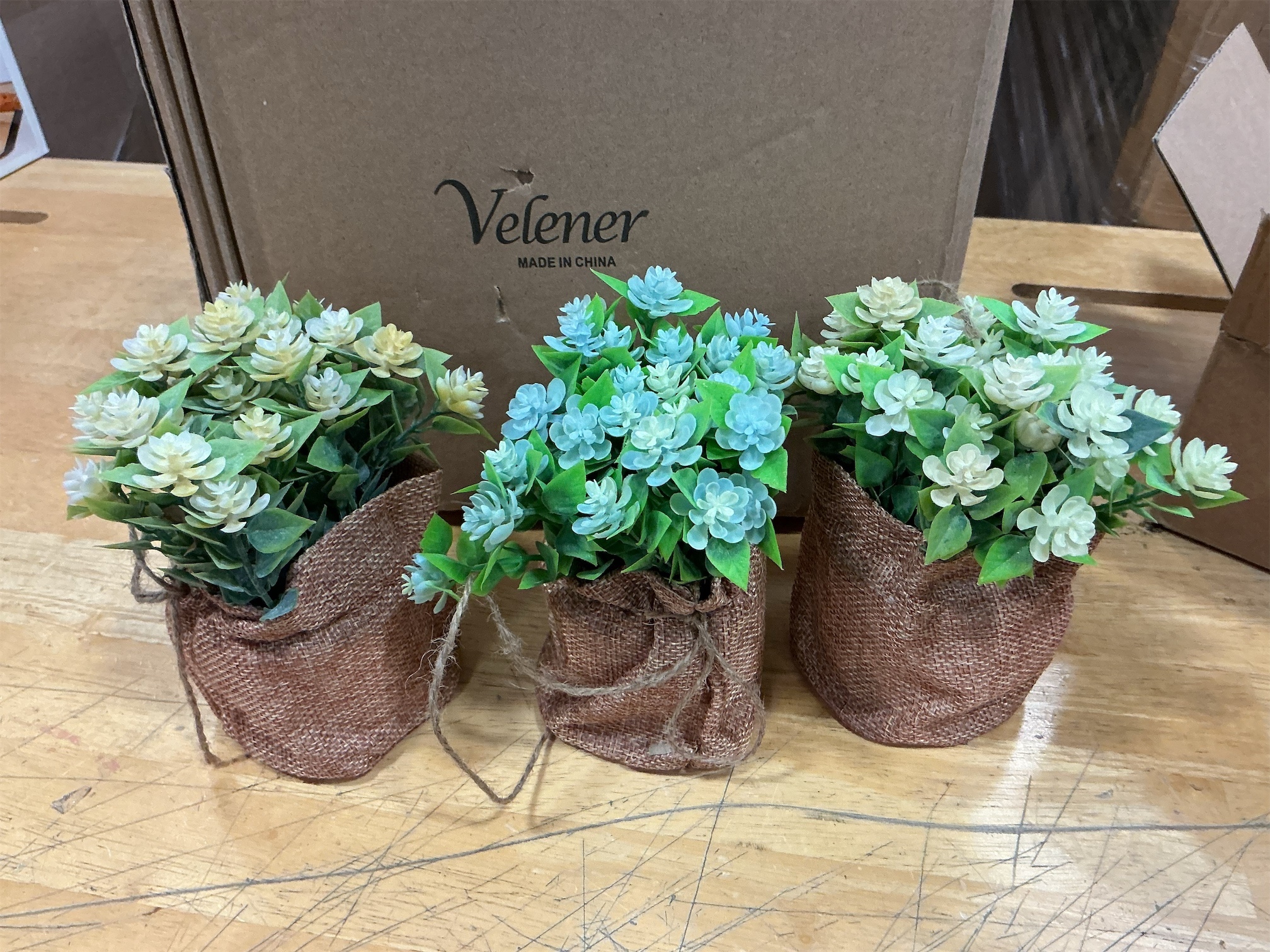 Velener Babys Breath Artificial Flowers in Small Burlap Bag Vases 3Pcs