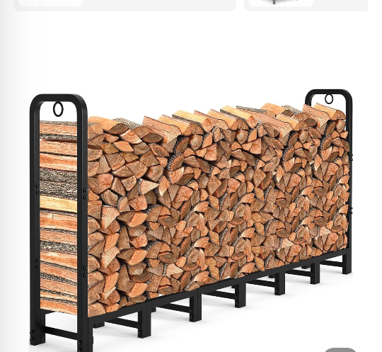 Garvee 8' Outdoor Firewood Rack, 660 lb Powder-Coated Galvanized Metal Log Holder with Lock Rings, Matte Black