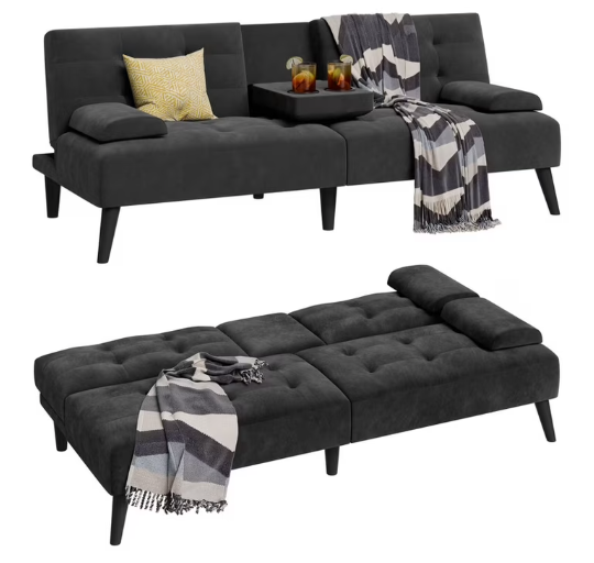 Convertible Futon Sofa Bed, Foldable Futon Sleeper Sofa Bed with 2 Cup Holders Black