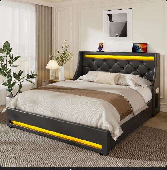 Upholstered Queen Platform Bed Frame Black with Wingback Headboard & LED Lights& 4 Storage Drawers
