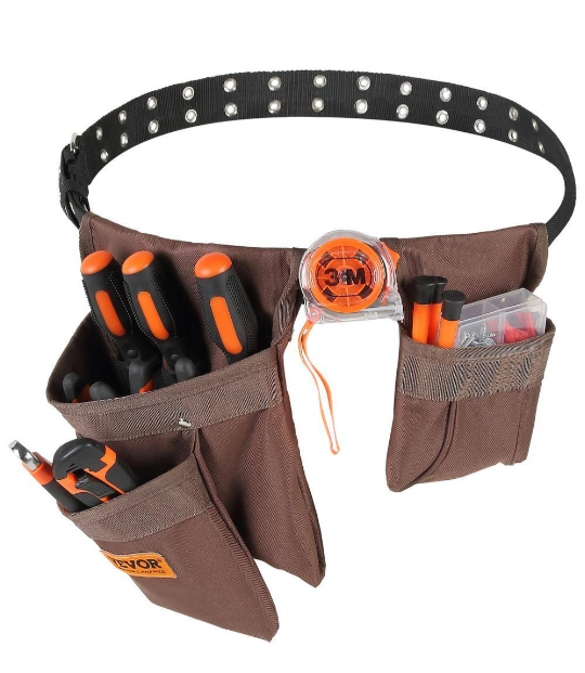 Vevor Tool Belt 13 Pockets Polyester Heavy-Duty Tool Pouch Bag for Electrician, Carpenter, Handyman Brown
