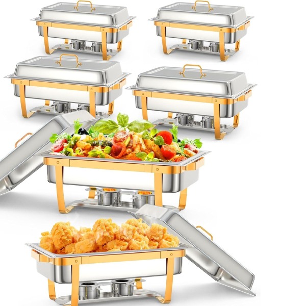 Chafing Dish Buffet Set - 8QT Stainless Steel, w/Lid Holder   Serving Spoon & Tweezers | Durable Portable for Catering, Weddings, Home Dining | Keep Food Warm & Easy Clean，Gold