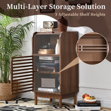 Mid-Century Modern Accent Cabinet, Narrow Cabinet with Tambour Sliding Door and Slatted Front Design, Storage Cabinet with Adjustable Shelf for Living Room, Entryway, Hallway or Small Spaces