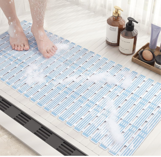 Color&Geometry Shower Mat Non Slip Bath Mat for Tub 16x36 Bathtub Mat Non Slip Shower Mat for Shower, Bath Mat with Powerful Suction Cup and Drain Holes, Easy to Cut, Light Blue