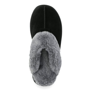 Joyspun Womens Suede Clog Slippers Black With Gray Faux Fur SIZE 7 Joyspun Women's Suede Clog Slippers