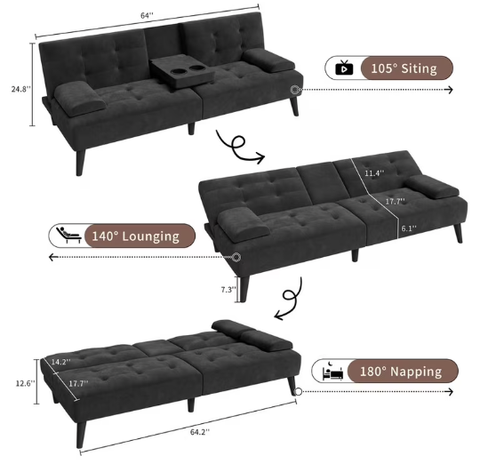Convertible Futon Sofa Bed, Foldable Futon Sleeper Sofa Bed with 2 Cup Holders Black