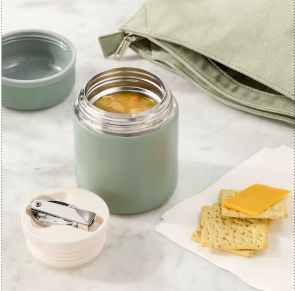 Pyrex® Simply Store® Tint 4pc & 13.5oz Double Walled Stainless Steel Vacuum Food Jar with Spoon Green & 8 Compartment Large Plastic Snack Bento Box Sage beige