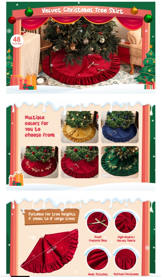 RED 48 Inches Velvet Christmas Plush Tree Skirt Luxury Xmas Skirts for Merry Christmas Party Vintage Holiday Decorations