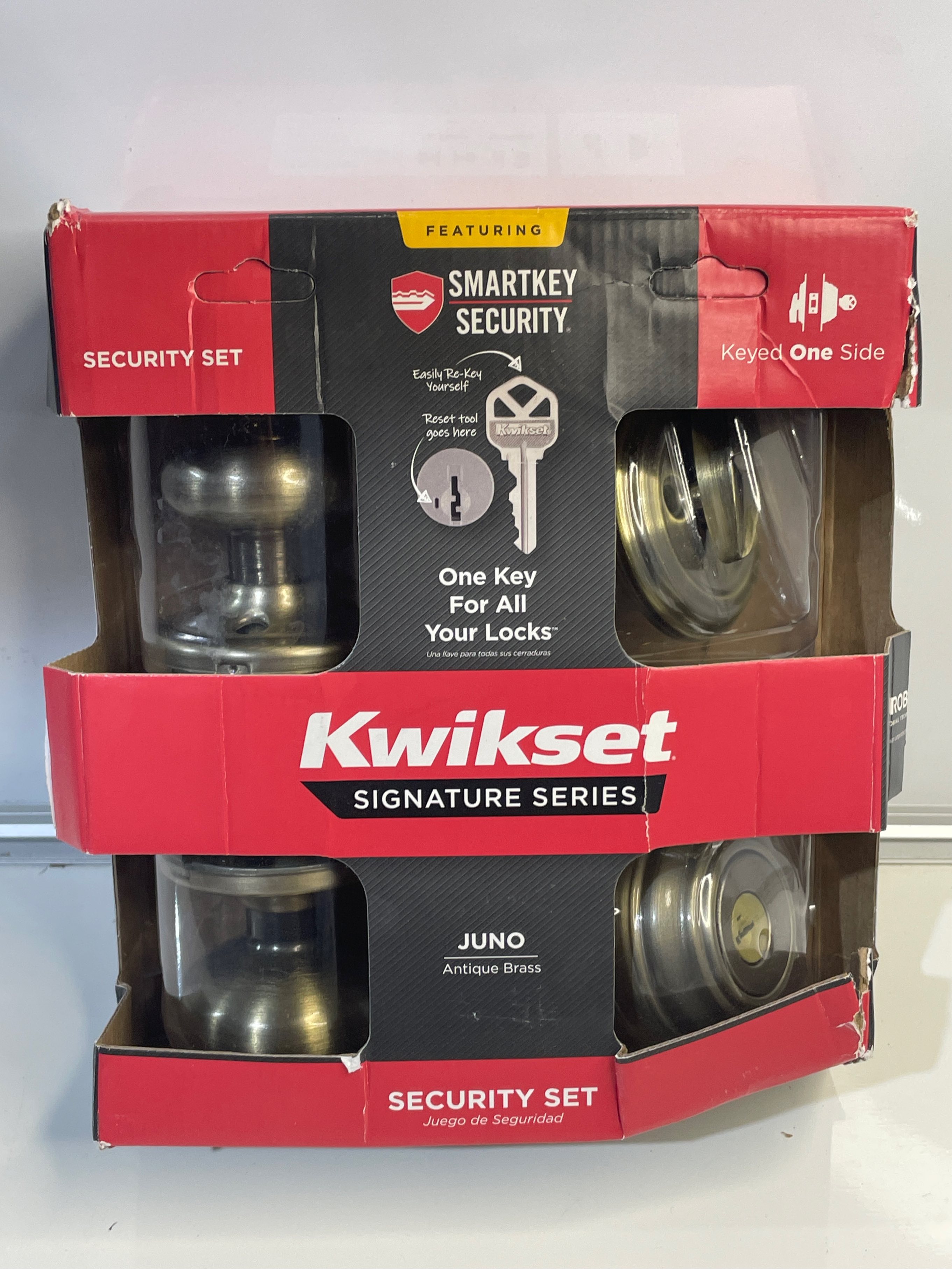 Condition photo showing Good Condition for Kwikset Juno Keyed Entry Door Knob and Single Cylinder Deadbolt Combo Pack with Microban Antimicrobial Protection featuring SmartKey Security in Antique Brass, 99910-033