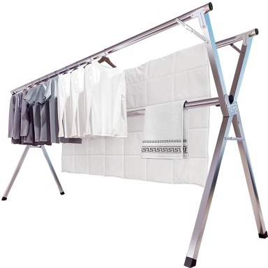 95 Inches Clothes Drying Rack, Drying Rack Clothing Folding Indoor Outdoor, Heavy Duty Stainless Steel Laundry Rack, Foldable Portable Large Clothes Rack Garment Rack with 20 Windproof Hooks